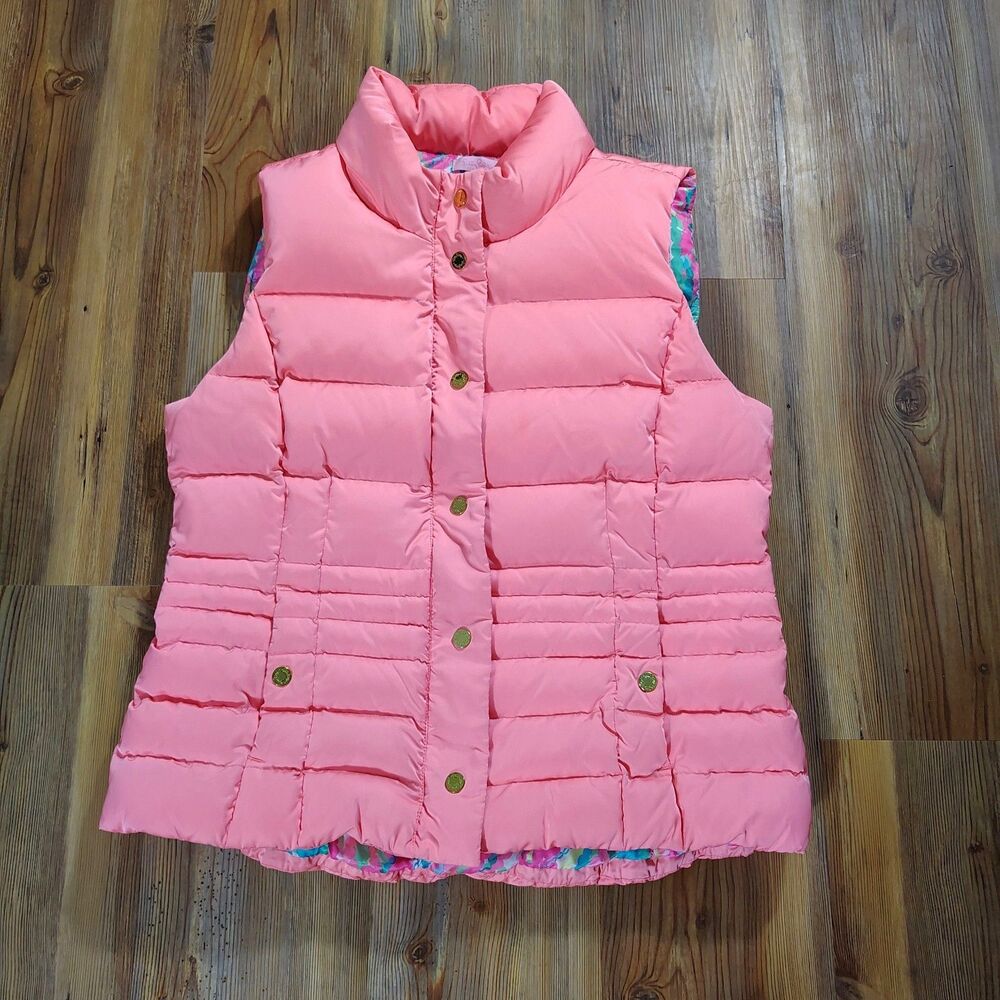 Lilly Pulitzer Isabella Down Puffer Vest Coral Sz XL Gold Hardware Print Lining